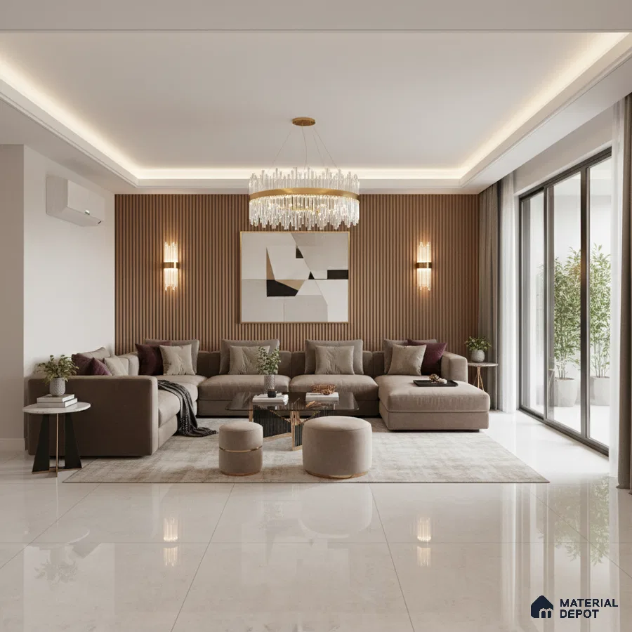 Modern living room with beige marble floor tiles and walnut fluted wall panels in Bengaluru