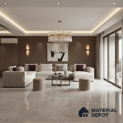 Modern living room with beige marble floor tiles and walnut fluted wall panels in Bengaluru