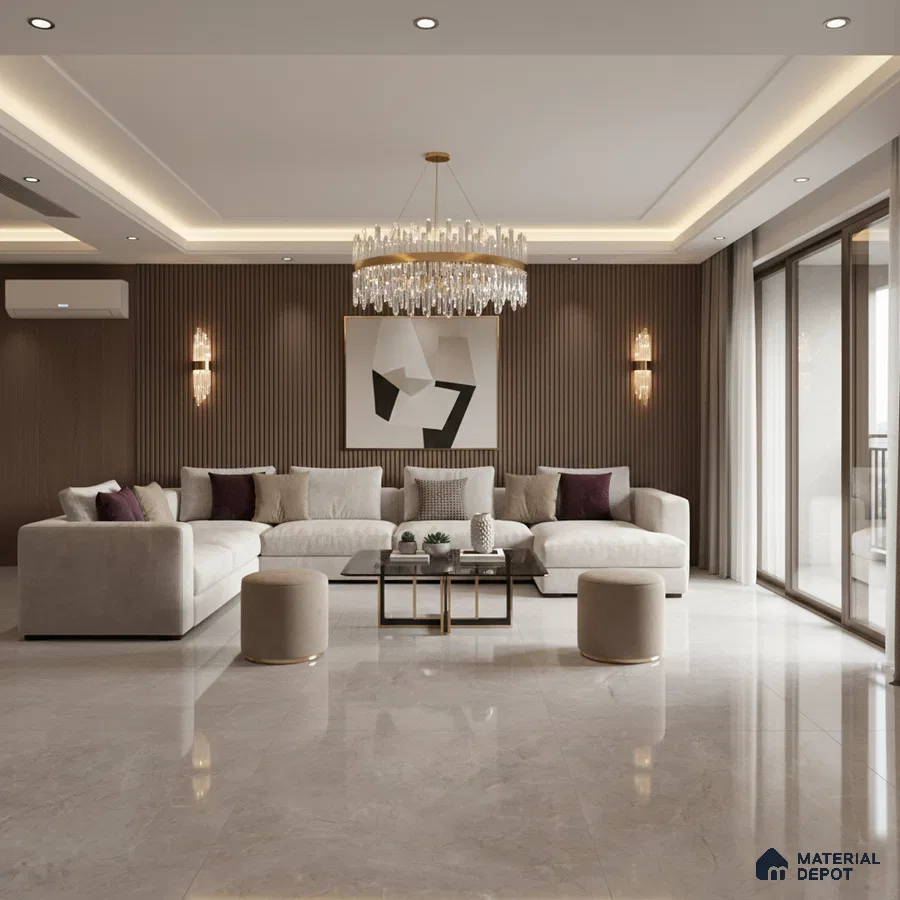 Modern living room with beige marble floor tiles and walnut fluted wall panels in Bengaluru