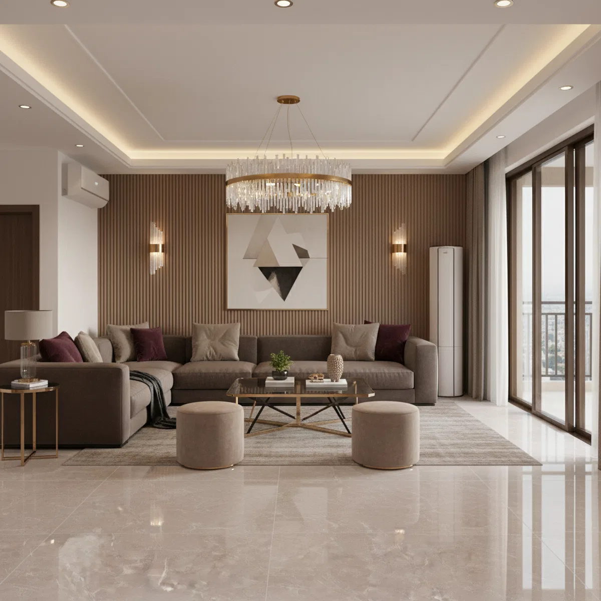 Modern living room with beige marble floor tiles and walnut fluted wall ...