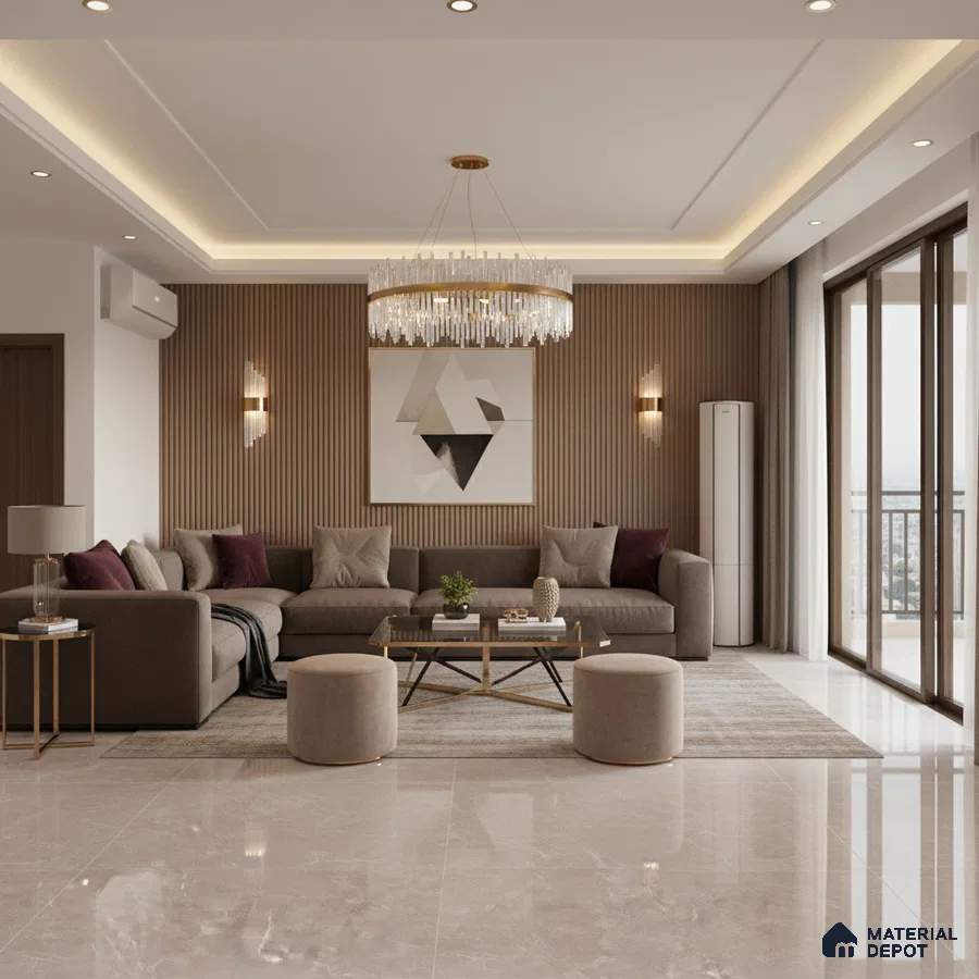 Modern living room with beige marble floor tiles and walnut fluted wall panels in Bengaluru