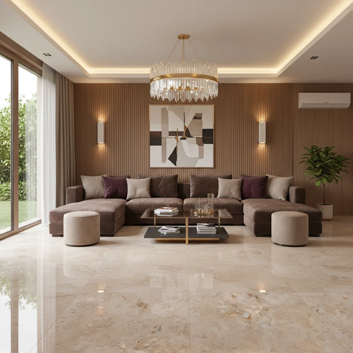 Modern living room with beige marble floor tiles and walnut fluted wall ...