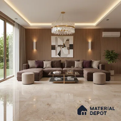 Modern living room with beige marble floor tiles and walnut fluted wall panels in Bengaluru