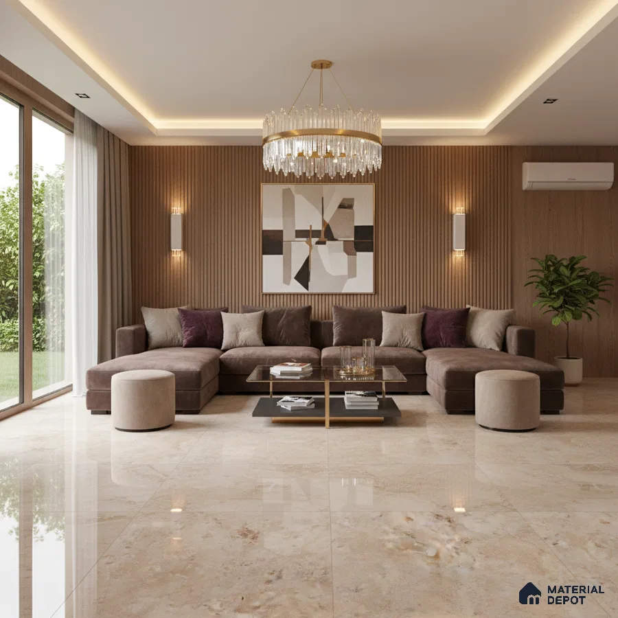 Modern living room with beige marble floor tiles and walnut fluted wall panels in Bengaluru