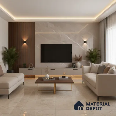 Modern living room with grey marble accent wall, wooden louver panel, and beige marble floor tiles in Bengaluru