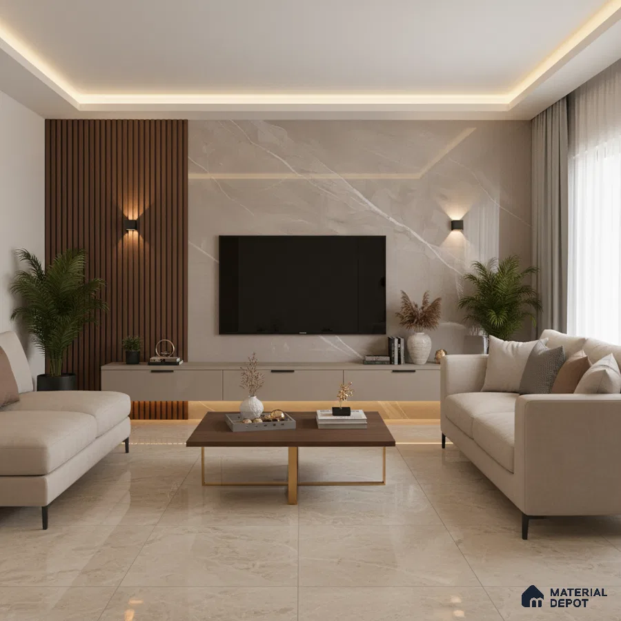 Modern living room with grey marble accent wall, wooden louver panel, and beige marble floor tiles in Bengaluru