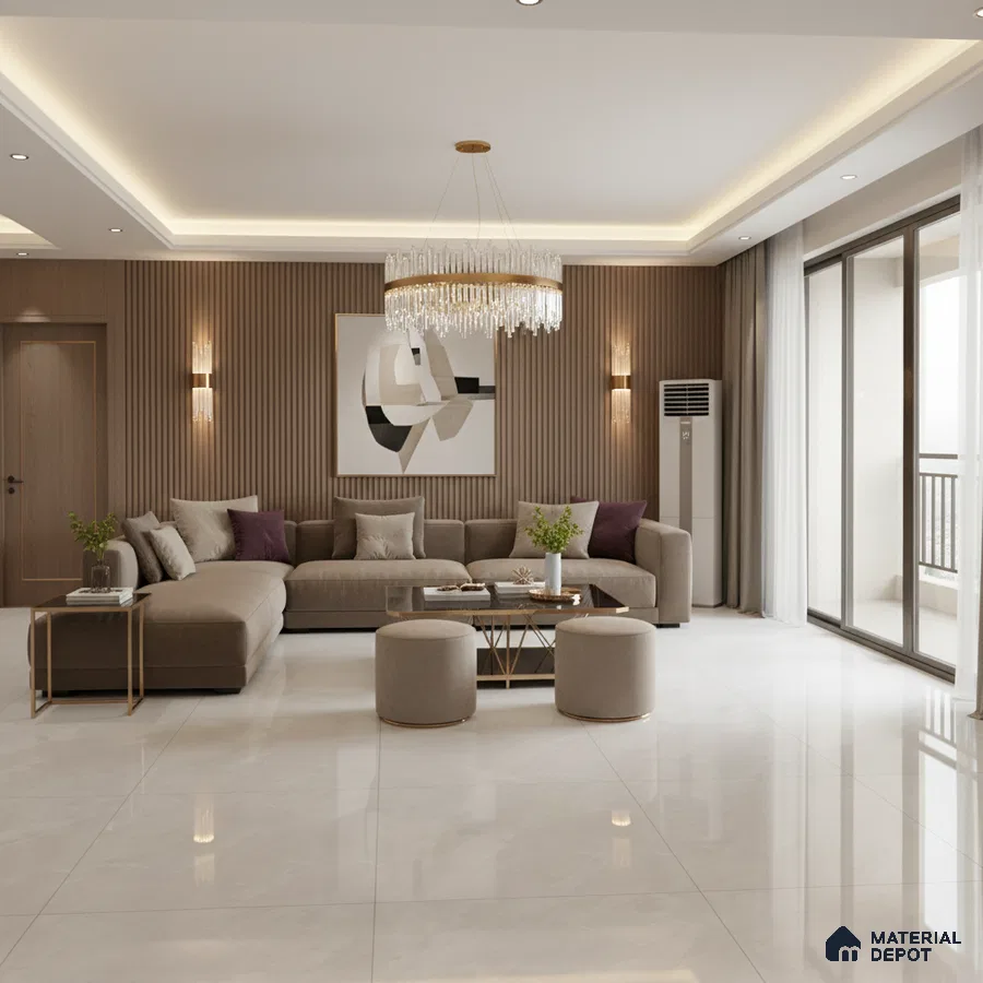 Modern living room with beige marble floor tiles and wood fluted wall panels in Bengaluru