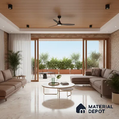 Modern living room with beige marble floor tiles and wooden ceiling panels in Bengaluru