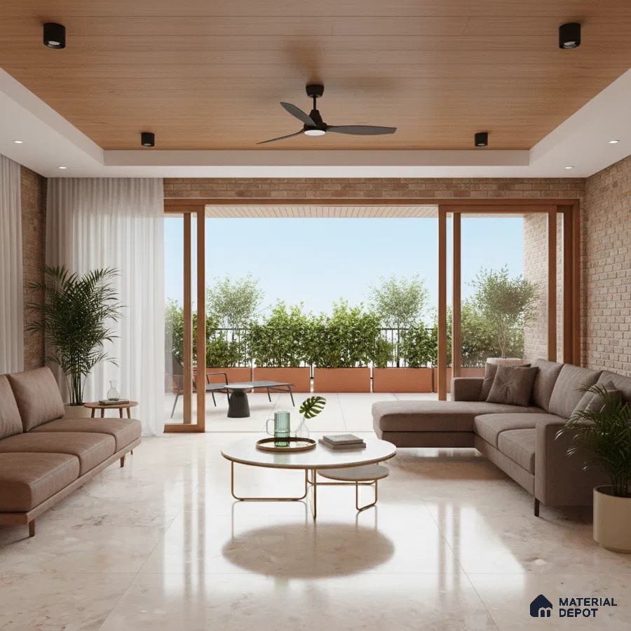 Modern living room with beige marble floor tiles and wooden ceiling panels in Bengaluru