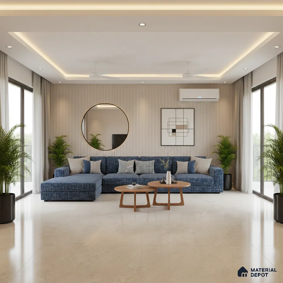 Modern living room with beige marble floor tiles, fluted wall panels, and blue fabric sectional sofa in Bengaluru