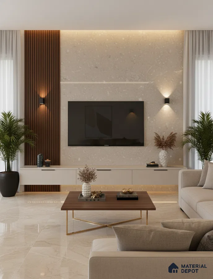 Modern living room with white marble laminate TV wall, wooden louvers, and beige marble floor tiles in Bengaluru