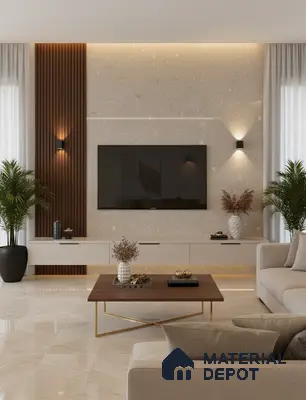 Modern living room with white marble laminate TV wall, wooden louvers, and beige marble floor tiles in Bengaluru