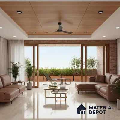 Modern living room with beige marble floor tiles, tan leather sofas, and wood panel ceiling in Bengaluru