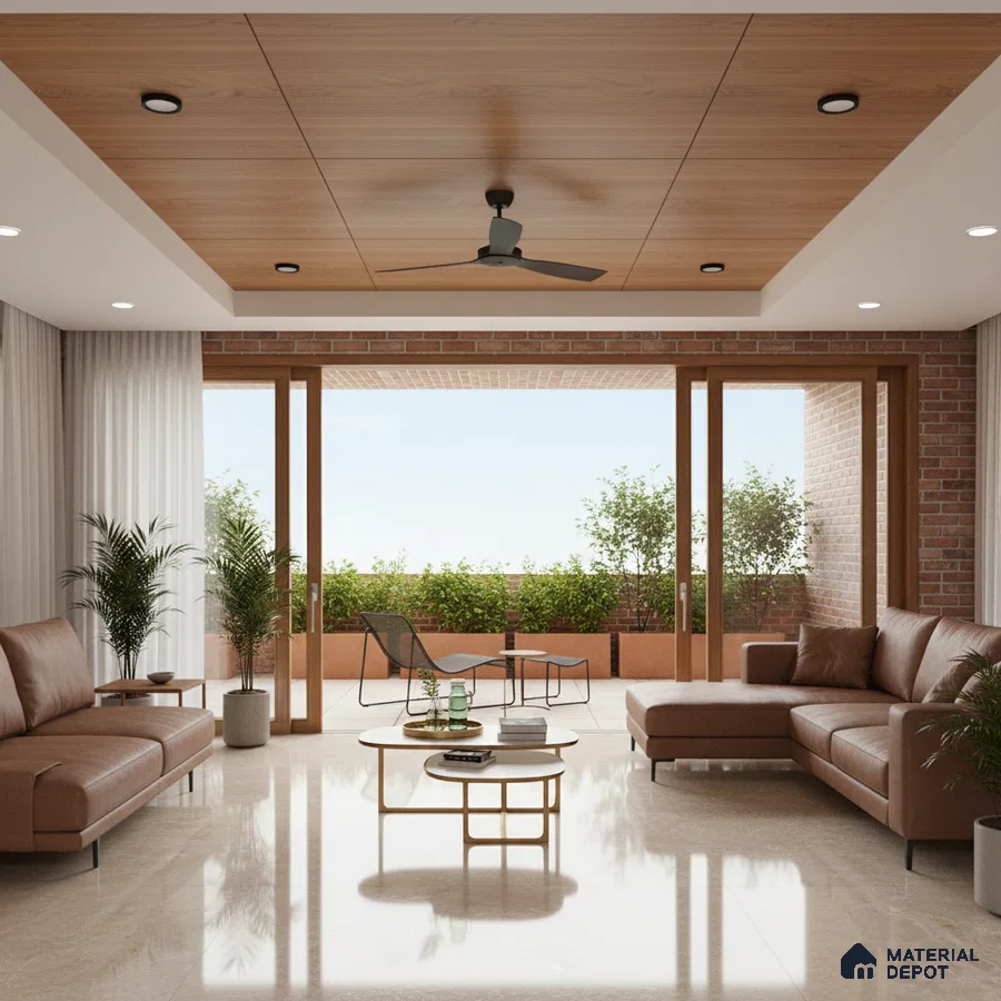 Modern living room with beige marble floor tiles, tan leather sofas, and wood panel ceiling in Bengaluru