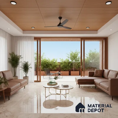 Modern living room with beige marble floor tiles, wooden ceiling panels, and brown leather sofas in Bengaluru