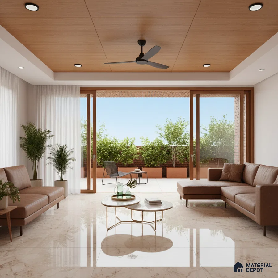 Modern living room with beige marble floor tiles, wooden ceiling panels, and brown leather sofas in Bengaluru