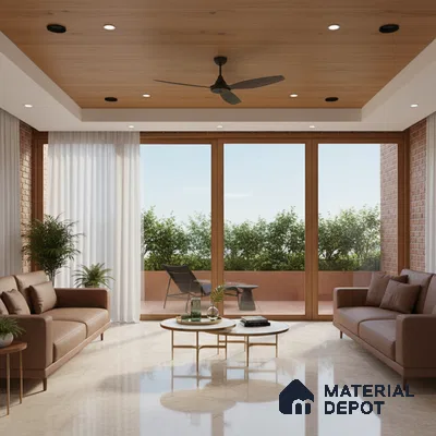 Modern living room with beige marble floor, wooden ceiling panels, and exposed brick wall in Bengaluru