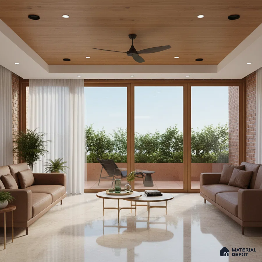 Modern living room with beige marble floor, wooden ceiling panels, and exposed brick wall in Bengaluru
