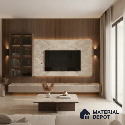 Modern living room with white marble laminate TV wall, walnut wood louvers, and beige floor tiles in Bengaluru