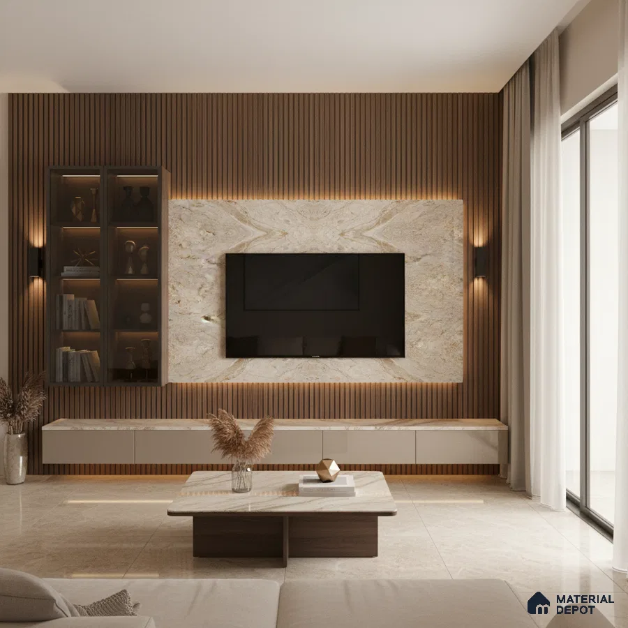 Modern living room with white marble laminate TV wall, walnut wood louvers, and beige floor tiles in Bengaluru