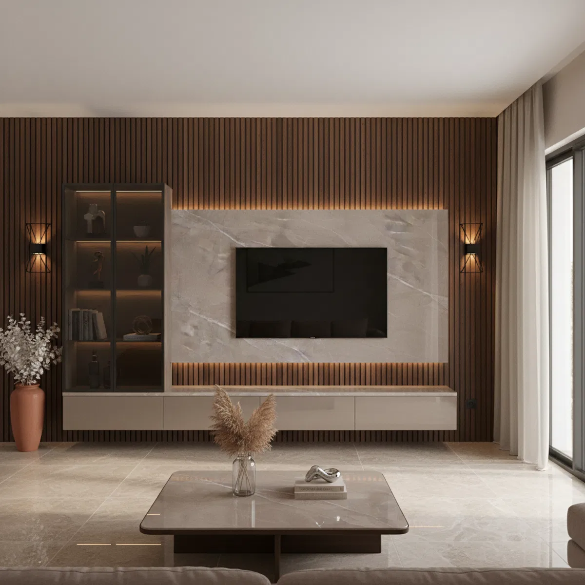 Modern living room with beige marble laminate TV unit, wooden fluted ...