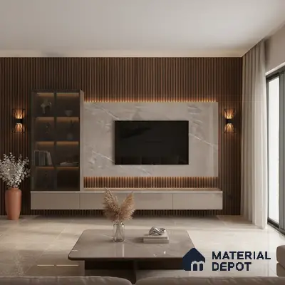 Modern living room with white marble laminate TV unit, walnut brown fluted wall panels, and beige marble floor tiles in Bengaluru