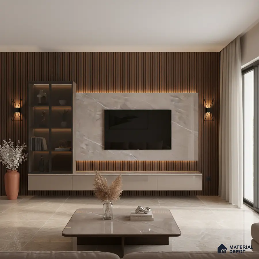 Modern living room with white marble laminate TV unit, walnut brown fluted wall panels, and beige marble floor tiles in Bengaluru