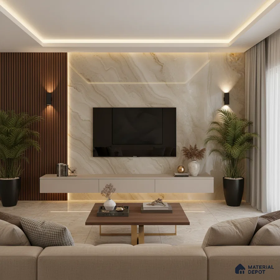 Modern living room with bookmatch marble laminate TV wall, walnut wood louvers, and beige floor tiles in Bengaluru