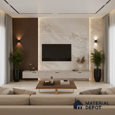 Modern living room with brown marble laminate TV unit, walnut wood fluted wall panels, and glossy marble floor tiles in Bengaluru