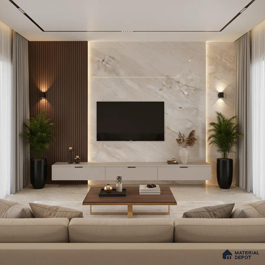 Modern living room with brown marble laminate TV unit, walnut wood fluted wall panels, and glossy marble floor tiles in Bengaluru