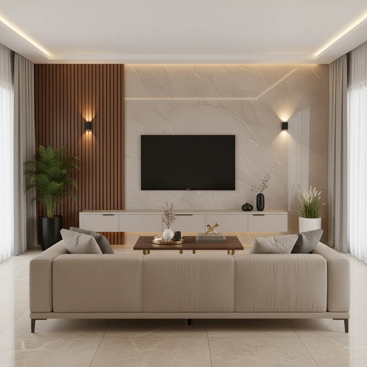 Modern living room with beige marble wall, wooden louvers, and glossy ...