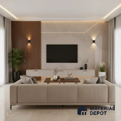 Modern living room with dark marble laminate TV unit, wooden fluted wall panels, and beige marble floor tiles in Bengaluru