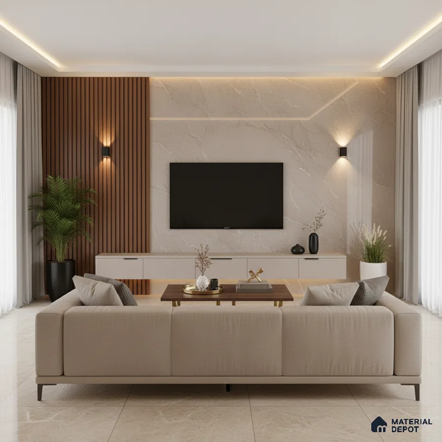 Modern living room with dark marble laminate TV unit, wooden fluted wall panels, and beige marble floor tiles in Bengaluru
