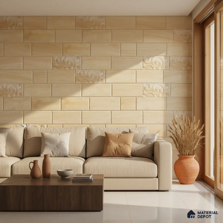 Modern living room with beige patterned wall tiles and cream fabric sofa in Bengaluru