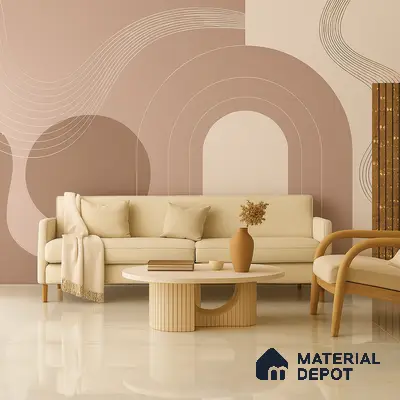 Modern Living Room with Beige Sofa and Abstract Wallpaper in 3BHK Apartment, Sumadhura Silver Ripples Whitefield | Material Depot
