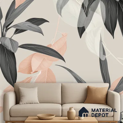 Modern living room with beige sofa and large-scale botanical patterned wallpaper in Bengaluru
