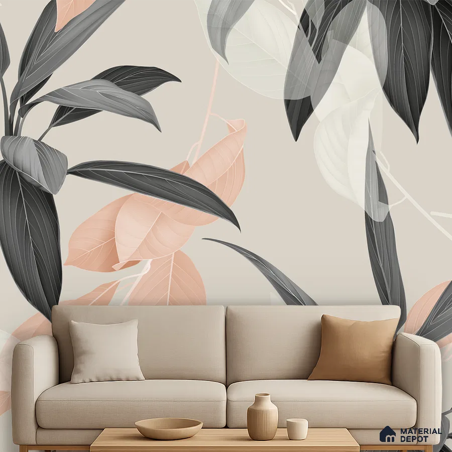 Modern living room with beige sofa and large-scale botanical patterned wallpaper in Bengaluru