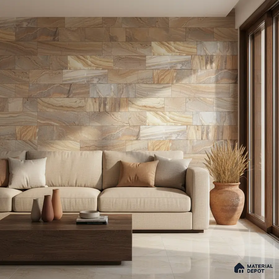 Modern living room with beige stone cladding accent wall and cream marble floor tiles in Bengaluru
