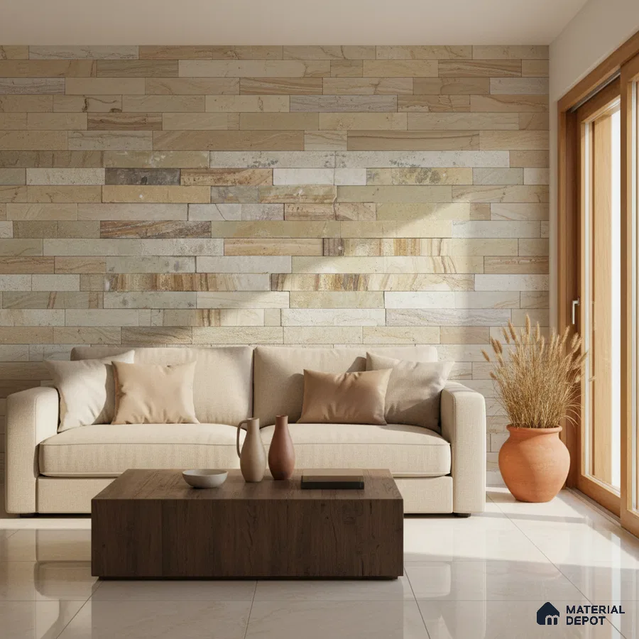 Modern living room with beige stone cladding accent wall and glossy marble floor tiles in Bengaluru