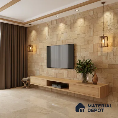 Modern living room with beige stone cladding accent wall and light oak floating TV unit in Bengaluru