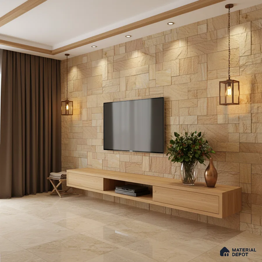 Modern living room with beige stone cladding accent wall and light oak floating TV unit in Bengaluru