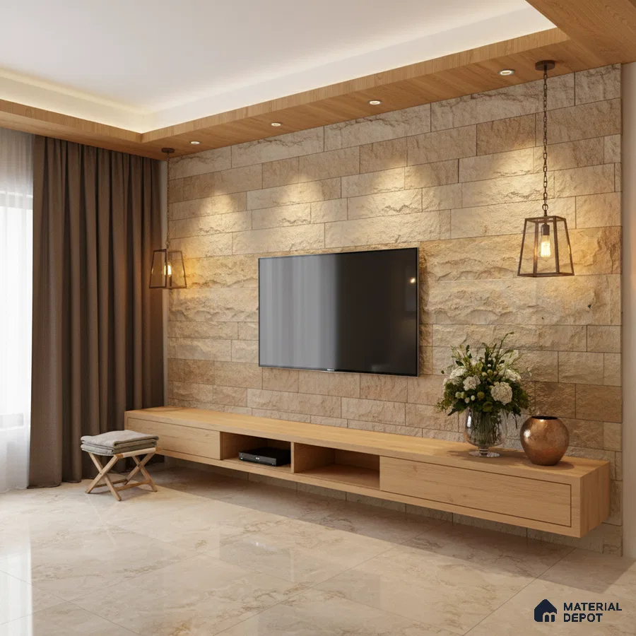 Modern living room with beige stone cladding accent wall and light oak floating TV unit in Bengaluru