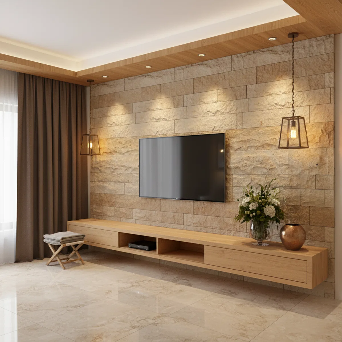 Tv Unit Cladding Modern living room with beige stone cladding accent wall and light oak ...