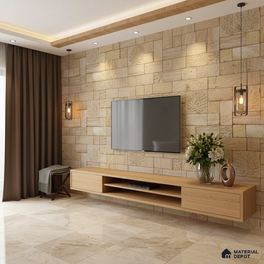 Modern living room with beige stone cladding accent wall and light oak floating TV unit in Bengaluru