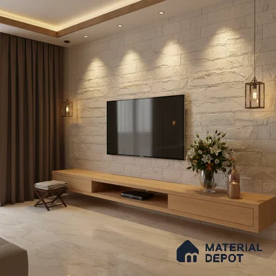 Modern living room with beige stone cladding accent wall and light oak laminate TV unit in Bengaluru