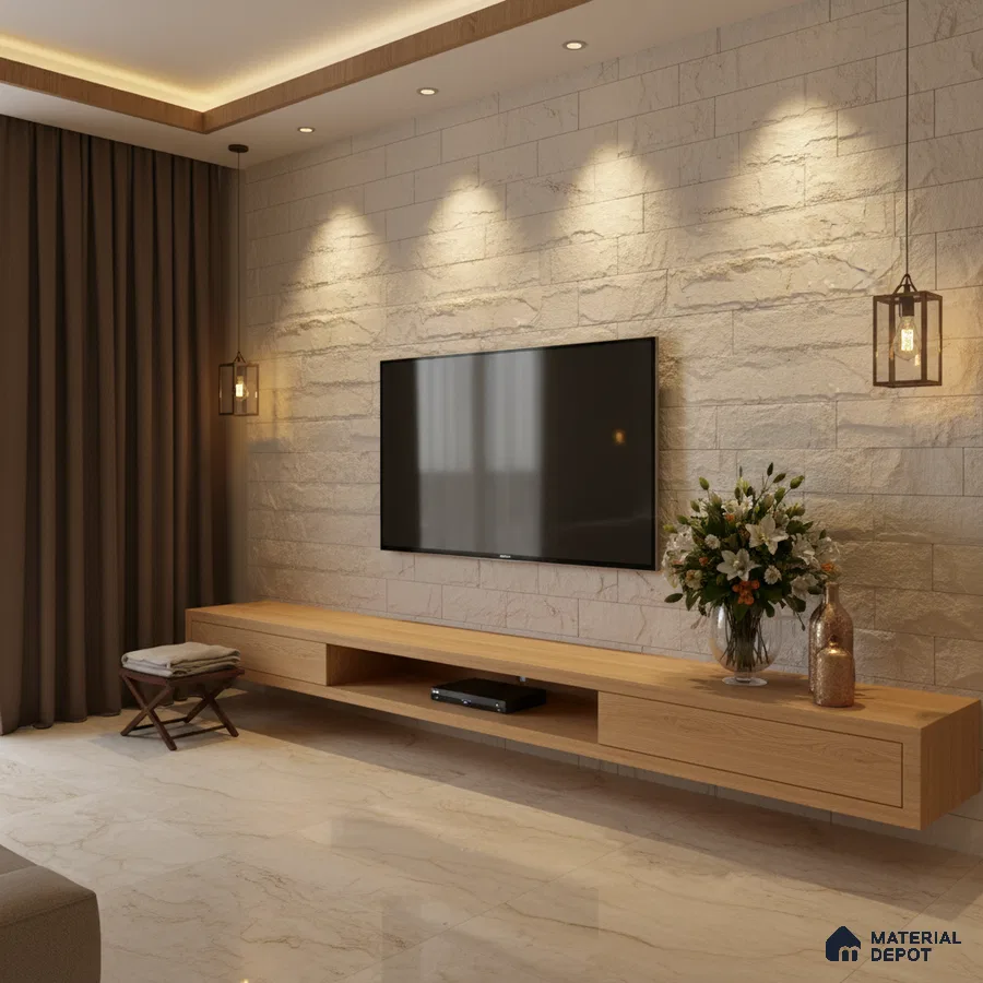 Modern living room with beige stone cladding accent wall and light oak laminate TV unit in Bengaluru