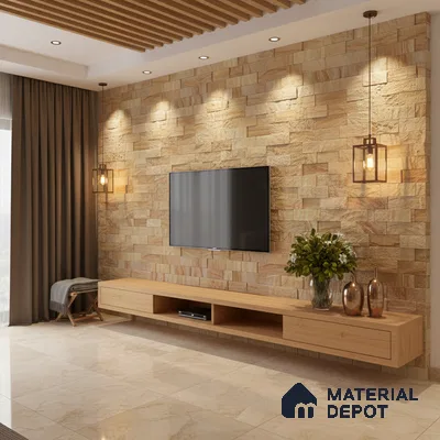 Modern living room with beige stone cladding accent wall and light oak laminate TV unit in Bengaluru