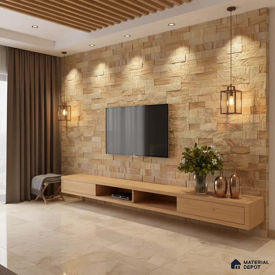 Modern living room with beige stone cladding accent wall and light oak laminate TV unit in Bengaluru