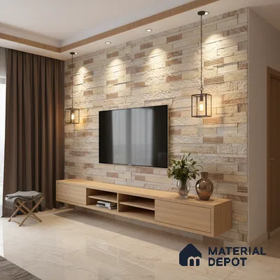 Modern living room with beige stone cladding accent wall and light oak laminate TV unit in Bengaluru