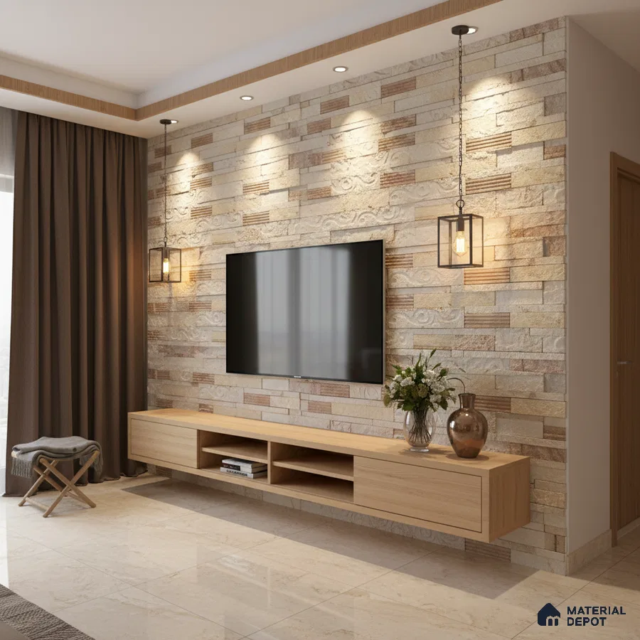 Modern living room with beige stone cladding accent wall and light oak laminate TV unit in Bengaluru